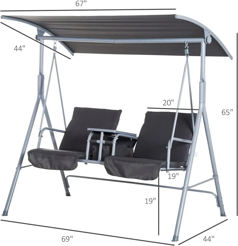 2 Person Porch Swing with Stand, Outdoor Swing with Canopy, Pivot Storage Table, 2 Cup Holders, Cushions for Patio, Bac