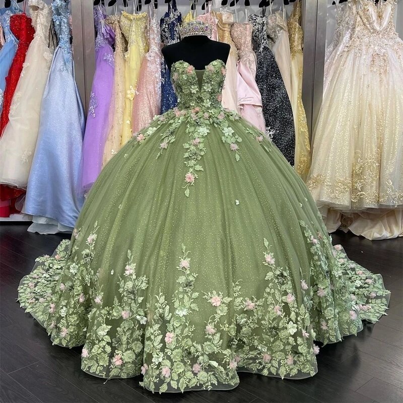 Зеленое бальное платье ANGELSBRIDEP, платья для Quinceanera с бусинами, сердечком, 3D цветочные, на день рождения, танцевальные вечерние платья