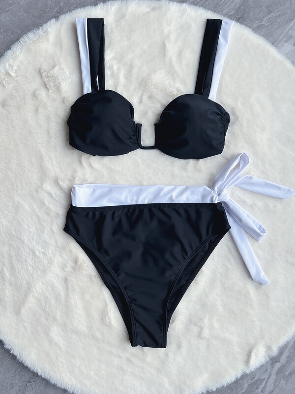 Maillot de bain sexy taille haute pour femme, bikini push-up, patchwork, ensemble deux pièces, tenue de plage, 2023