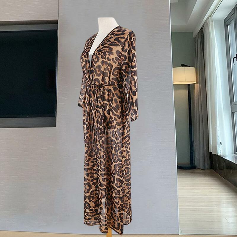 Leopard cardigan chiffon impressão, elegante, manga comprida, encobrimento de praia, com cordões, de secagem rápida