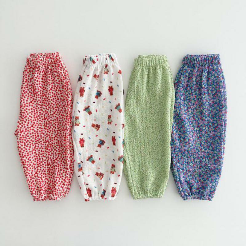 Летние свободные брюки от комаров для девочек, винтажные брюки с цветочным рисунком и фонариками, Детская тонкая дышащая мягкая домашняя одежда для мальчиков, 2024