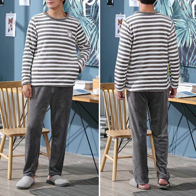 Men Soft Loungewear Striped Round Neck Men's Fall Winter Pajamas Set with Thick Coral Fleece Top Elastic Waist Pants for Warm