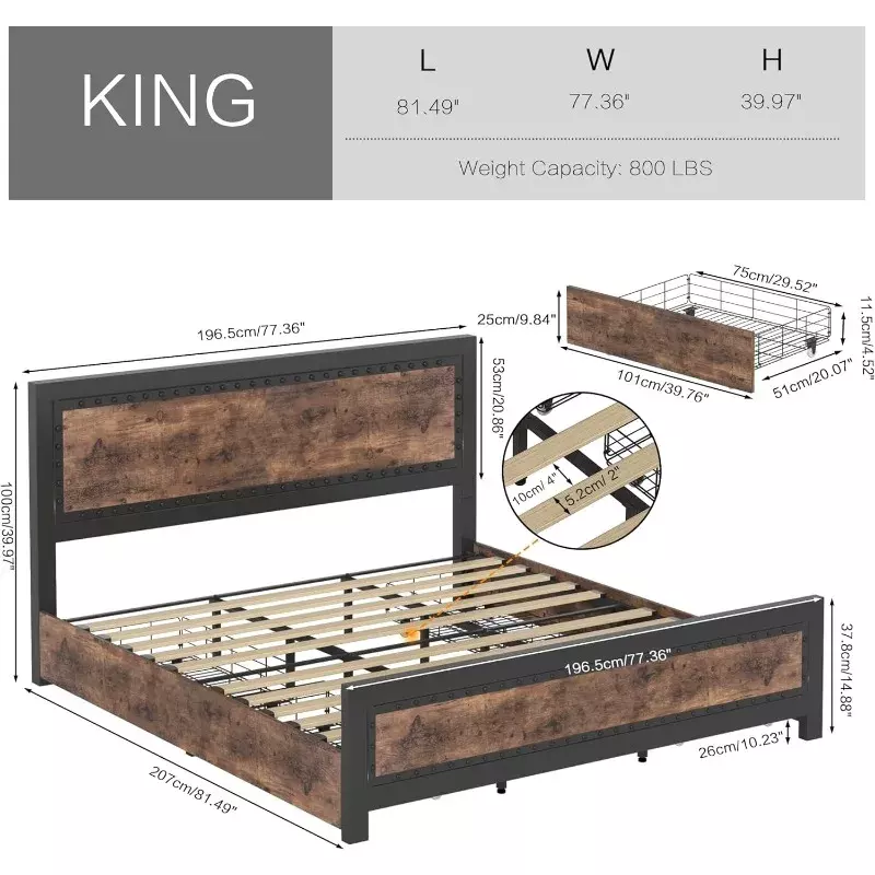 Cadre de lit King en métal et bois, planche de sauna moderne rivetée et plate-forme de pied de lit, 4 égouts de proximité de stockage, pas besoin de ressort de boîte