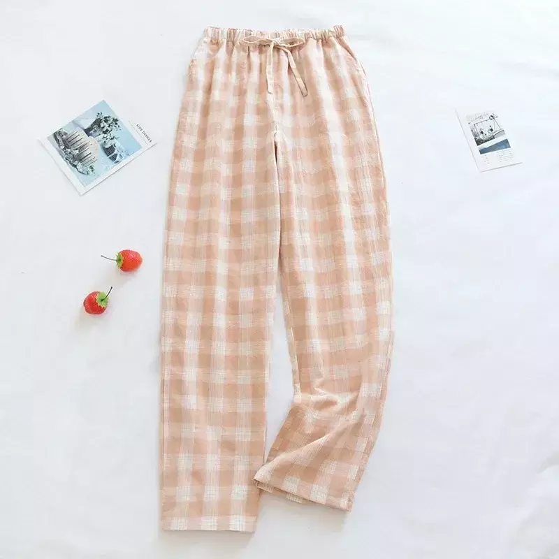 Thin Home Four Casual For Pants Sleepwear Long Woven Cotton Seasons Pockets Trousers Pijamas Side Women With