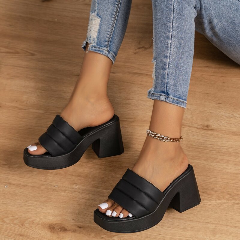 2024 Summer New Women Chunky Sandals Platform Square High Heel Casual Pumps Sexy Peep Toe Female Elegant Party Dress Slippers