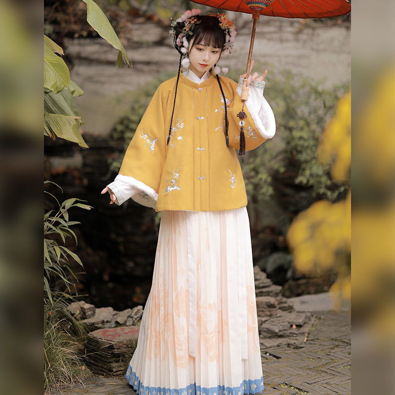 Set pakaian bordir bunga wanita, gaun peri Tahun Baru, Set pakaian bordir bunga, baju Hanfu Dinasti Ming tradisional Tiongkok, musim gugur, musim dingin, 2023