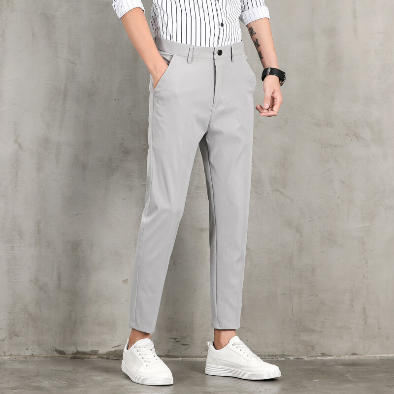 Men's Slim Fit Draped Stretch Cropped Pants Outdoor Windproof Solid Color Slacks Men's All-season Comfortable Slacks