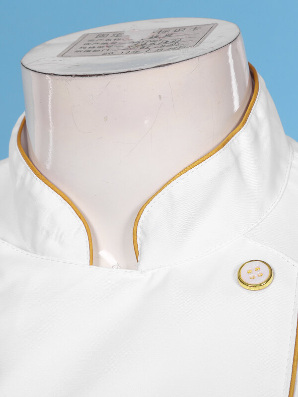 Veste de chef blanche pour hommes et femmes, uniforme de cuisine d'hôtel et de restaurant, col montant Chamonix, bouton vers le bas, abonnés, garniture de document