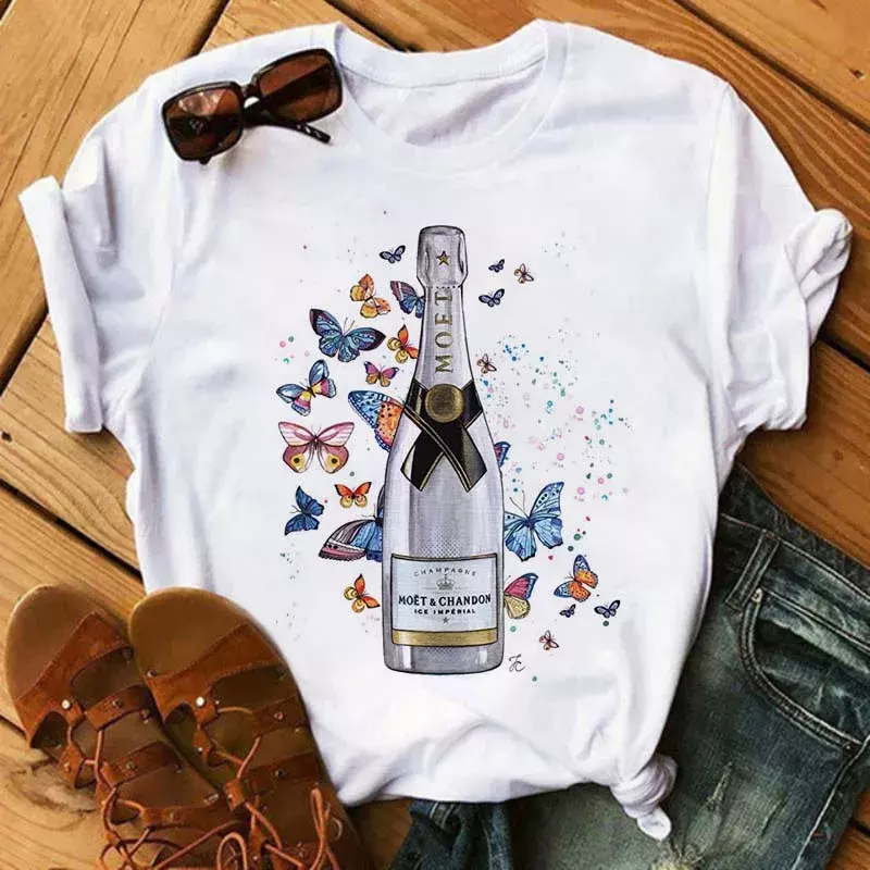 Camiseta com estampa de vinho cálice feminino, casual, manga curta, gola O, solta, camiseta de verão, tops