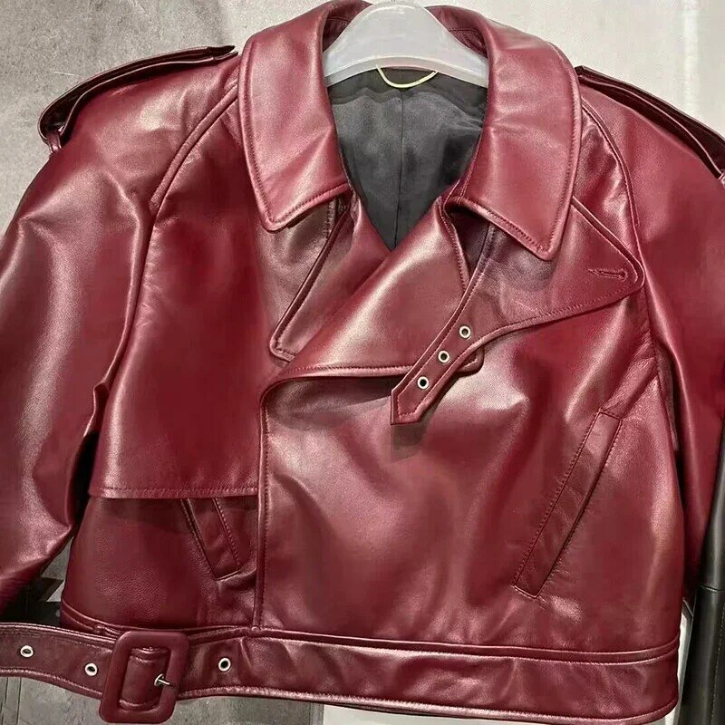 Lady Fashion Streetwear Leather Jacket 2023 New Autumn Winter Moto Biker Jacket Sheepskin Coat Women GT5916