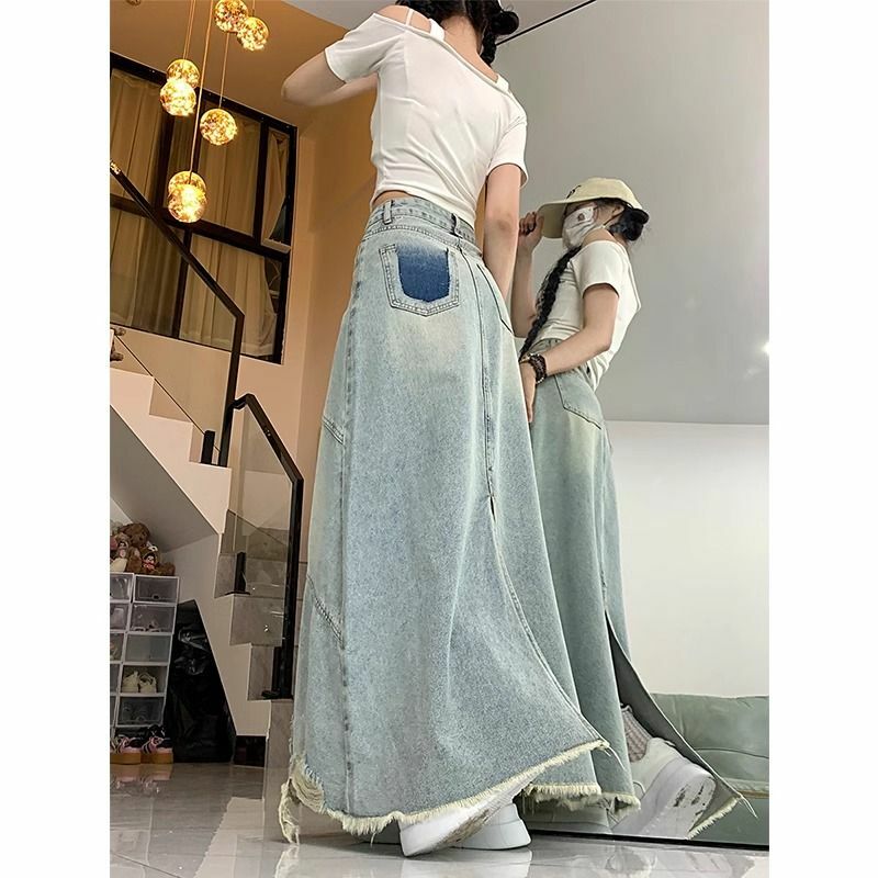2024 Summer Haute Couture Distressed Versatile Female Spicy Girl Slimming Down Mid Length A-line Buttocks Wrapped Denim Skirt