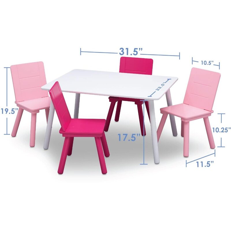 Set tavolo e sedia in legno per bambini (4 sedie incluse)-ideale per arti e mestieri, Snack, casa, bianco/rosa