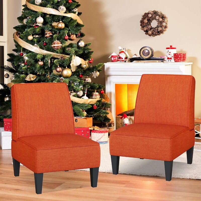 Chairs Set of 2 Upholstered Living Room  Armless Side Chairs Bedroom Chairs with Curved Backrest and Wooden Legs Orange
