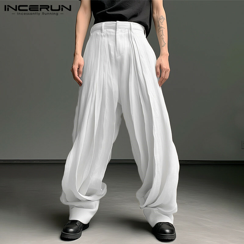 INCERUN-بنطال رياضي بألوان ثابتة مطوي للرجال ، جيوب فضفاضة ، بنطال كاجوال ، أزياء الشارع الشهير ، بنطال طويل ترفيهي ،