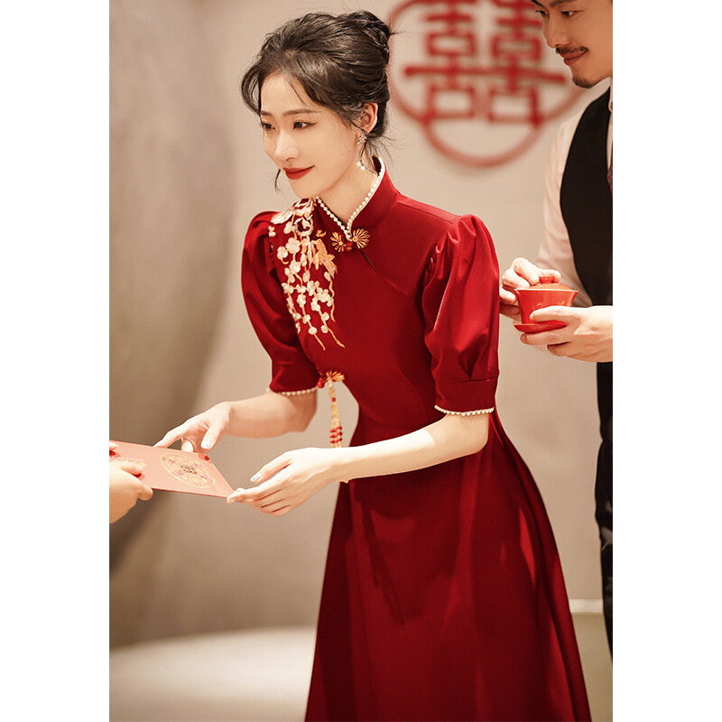 Phụ Nữ Retro Tiếng Phổ Thông Trung Quốc Cổ Áo Váy Cưới Cô Dâu Gợi Cảm Thêu Hoa Dự Tiệc Váy Bầu Tay Phồng Qipao Plus Size 3xl