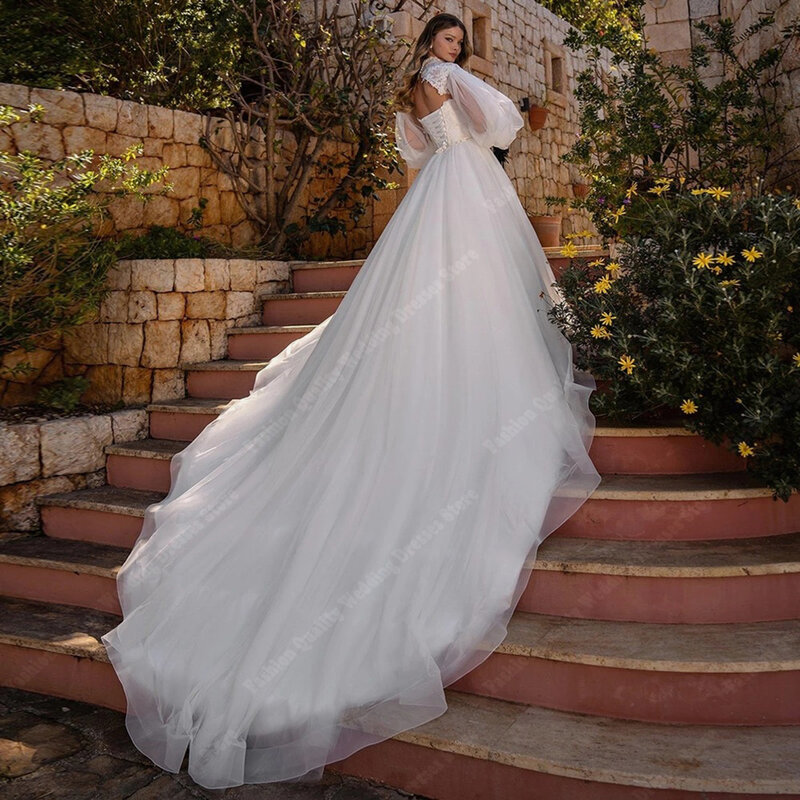Gaun pengantin stiker renda elegan, gaun pernikahan mutiara kecil payet berkilau, gaun pengantin panjang baru