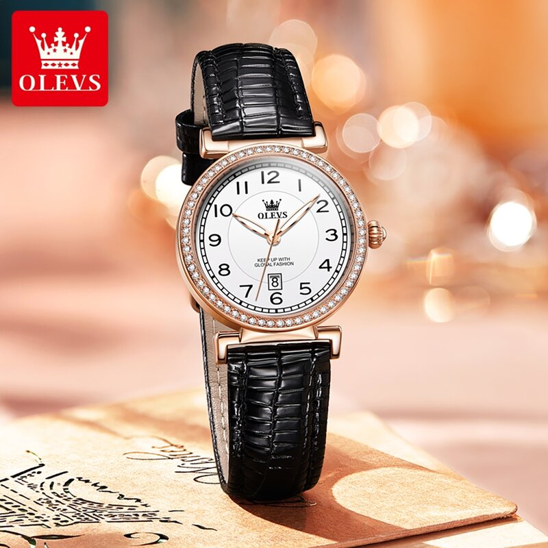 OLEVS Light Luxury Goods Women's Watches Digital Scale Leather Strap Quartz Watch for Lady Luminous Exquisite Female Wristwatch