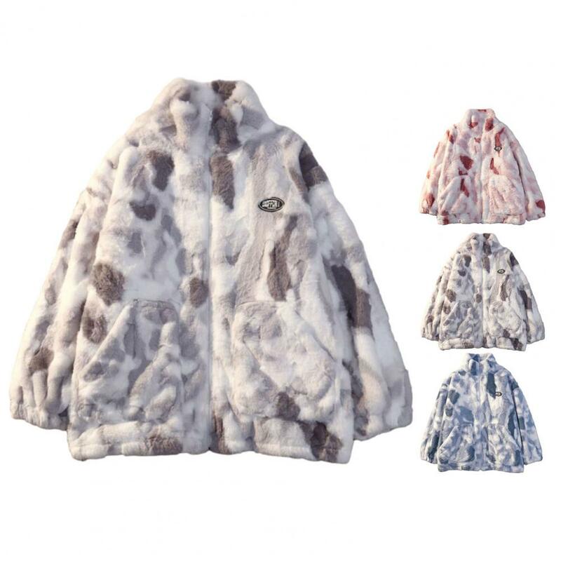 Coat Thickened Plush Stand Collar Neck Protection Cold Resistant Long Sleeve Zipper Closure Color Matching Tie-dye Jacket