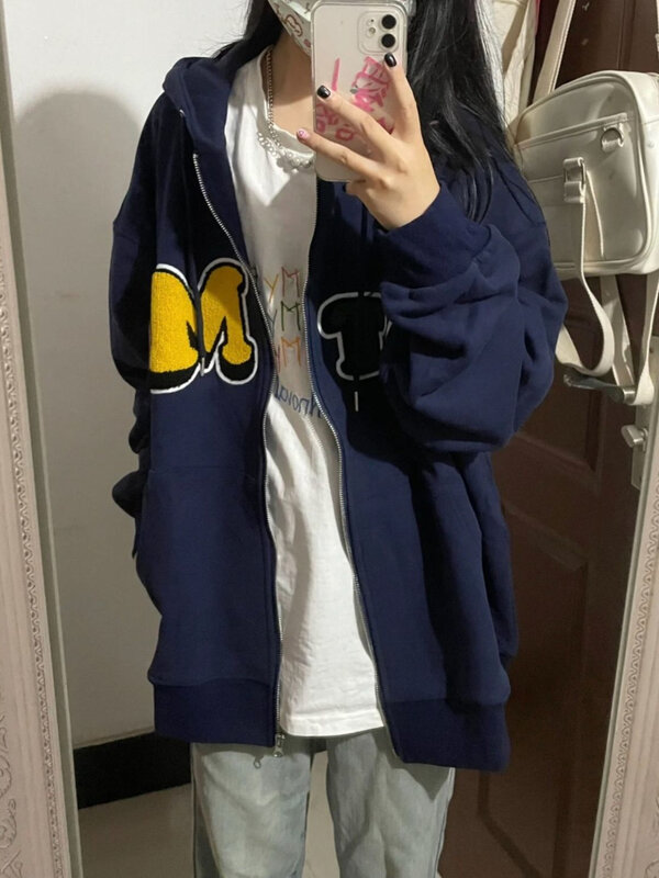 Deeptown Harajuku Retro bluza z kapturem kobiety Grunge Kpop długi oversize rękaw bluzy Casual hiphopowy sweter topy kurtki