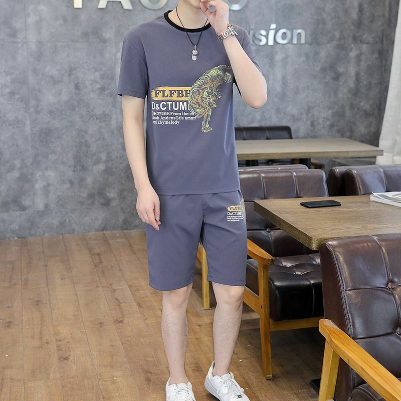 Men's New Cool Casual Sports Printed Short Sleeve T-shirt Shorts Five Quarter Pants Korean Version Comfortable Home Fitness Set