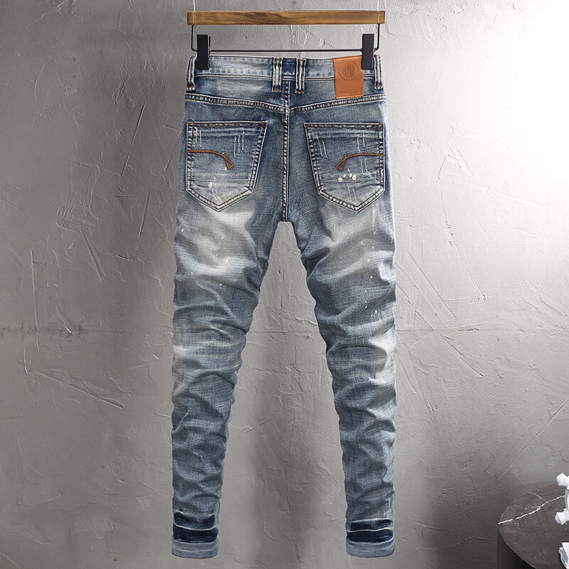 Newly Designer Fashion Men Jeans High Quality Elastic Stretch Slim Ripped Jeans Men Painted Vintage Casual Denim Pants Hombre