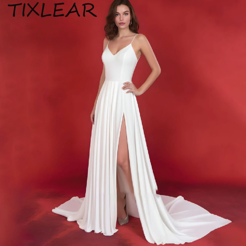 Vestidos de casamento TIXLEAR-A-Line para mulheres, vestido de noiva elegante, alta divisão simples, cintas esparguete, gola V, 2024