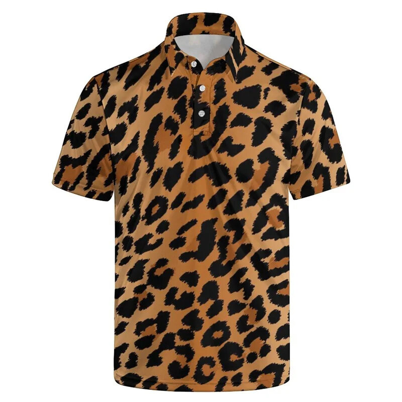 Kaus Polo pria motif macan tutul, atasan ukuran besar jalanan kasual longgar kancing bawah musim panas lengan pendek motif 3d