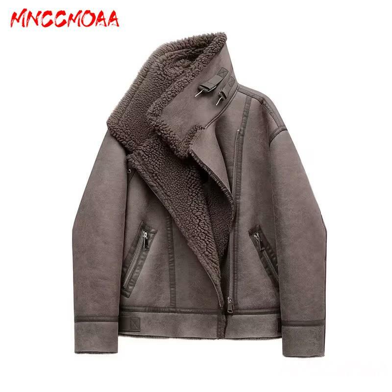 MNCCMOAA wysokiej jakości moda zimowa damska w stylu Vintage gruba ciepła wełna z owczej wełny ze sztucznego skórzane kurtki płaszcze damska luźna odzież na co dzień