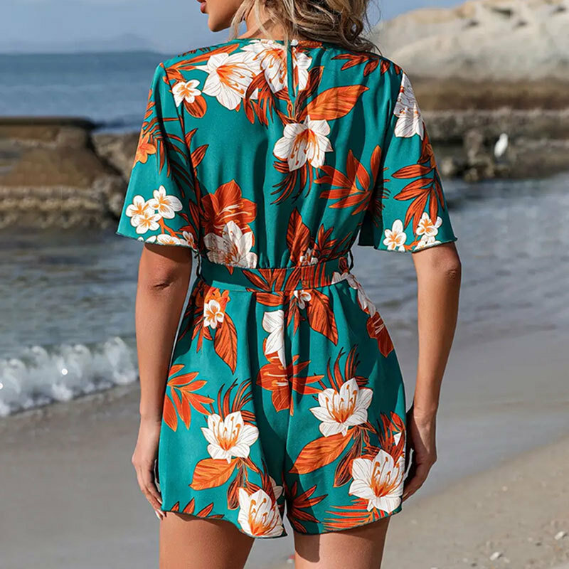 Женский сексуальный мини-комбинезон с V-образным вырезом, летнее богемное Повседневное платье с цветочным принтом, женское пляжное платье с оборками, стандартное платье, пляжный курортный стиль