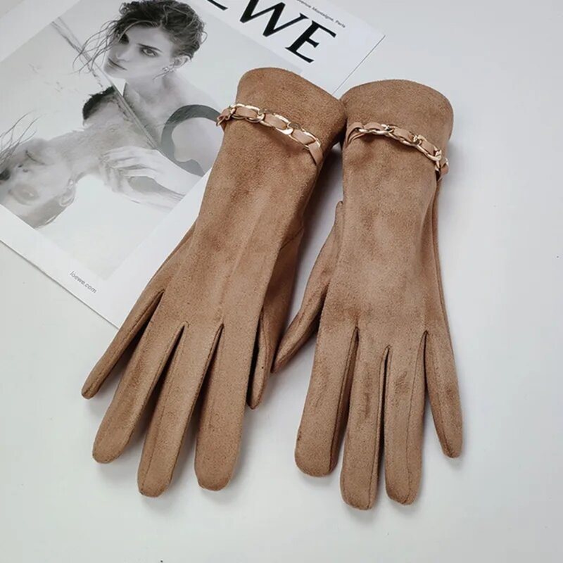 Sarung tangan kulit Suede beludru, sarung tangan hangat minimalis rantai warna polos, sarung tangan berkendara luar ruangan
