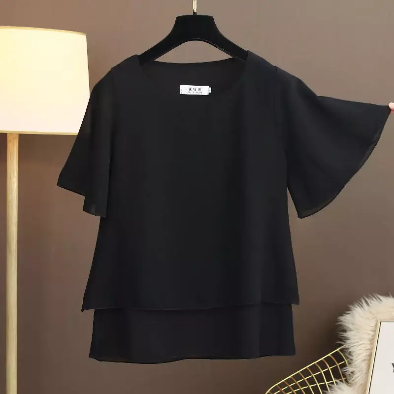 Oversized Summer Women Blouses Short Sleeve Solid Chiffon Blouse Casual O-Neck Ladies Cozy Tops Loose 5XL 6XL 2022 Femininas Top