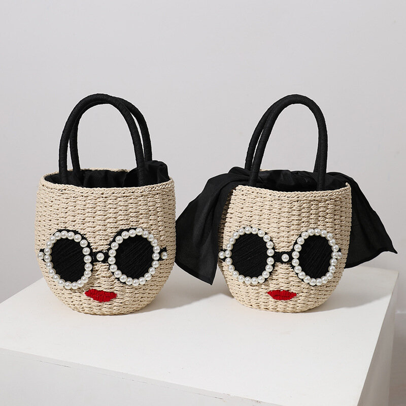 Ladies Straw Handbag Japanese Rattan Handbag Cute Cartoon Bucket Woven Bag Women 2022 New Summer Holiday Beach Woven Totes Bag