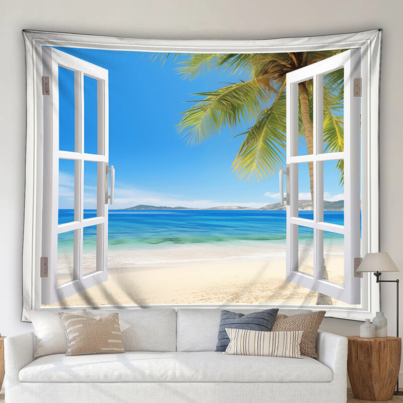 منظر طبيعي على شاطئ البحر لغرفة المعيشة ، منظر طبيعي للشاطئ ، نباتات استوائية ، منزل حديث ، ديكور عنبر ، تعليق جداري للحديقة