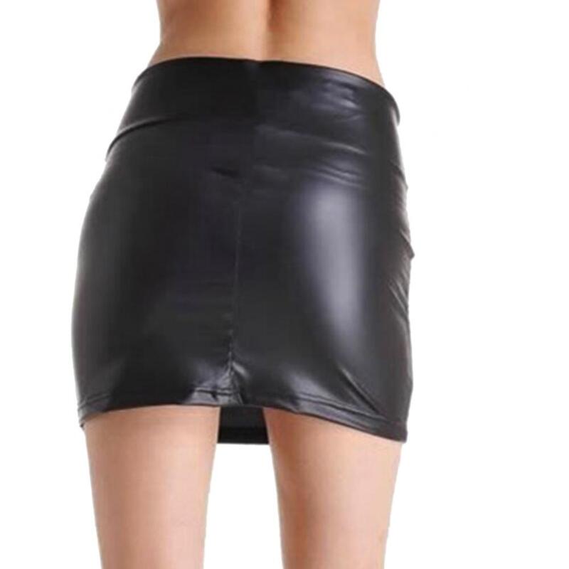 Spódnica imprezowa moda damska z wysokim stanem rozcięty Faux Leather Bodycon PU czarna spódnica Mini ołówek odzież damska