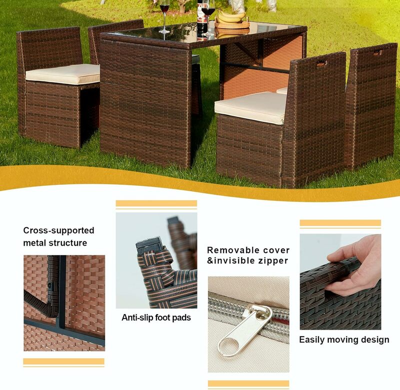 5 Pieces Patio Dining Set, Wicker Patio Furniture Conversation Set with Glass Table and Seat Cushions, Outdoor Table & Chairs