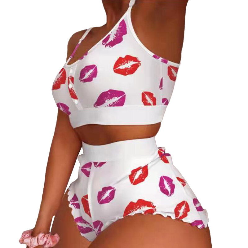 Sexy Women Pajamas Set Fashion Print Bra Hight Cut Top Soft Elasticity Short Sleepwear Thin Breath Nightwear Casual Homewear