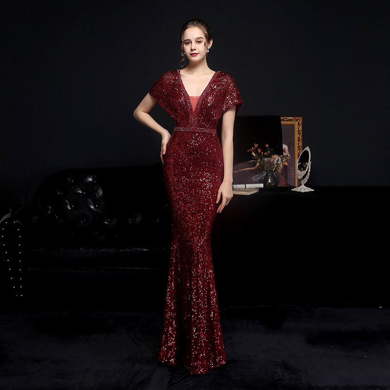 Роскошное красное вечернее платье с блестками, блестящее женское платье с V-образным вырезом, без рукавов, для конкурса, для гостей, для выпускного вечера