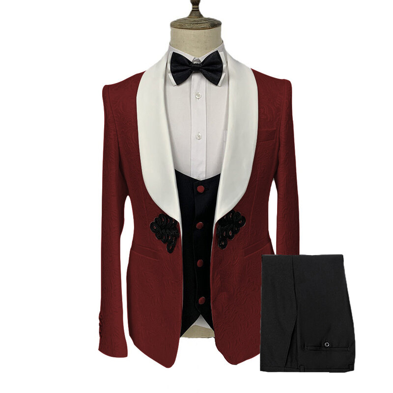 Męski garnitur 3-częściowy Slim Fit formalny żakardowy klamra na wesele bankiet dla pana młodego kurtka czarna kamizelka ze spodniami