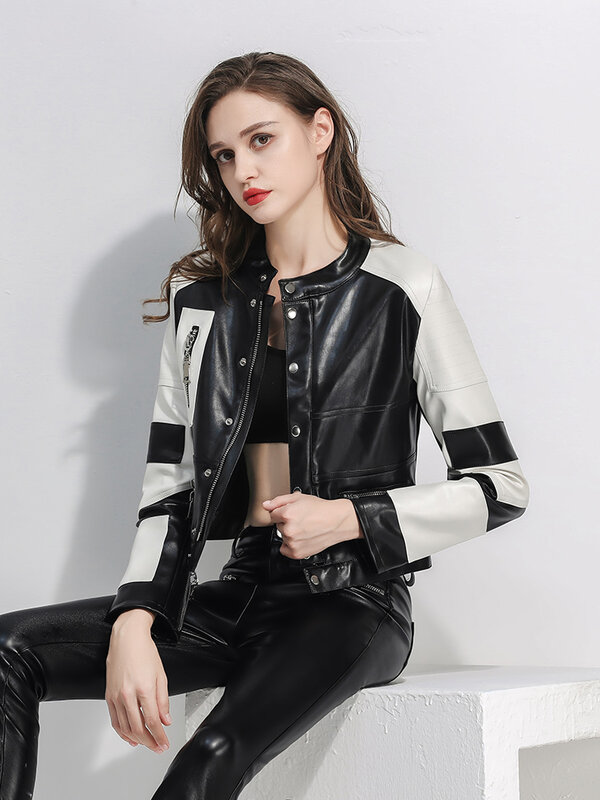 Simple Black White Spliced Cropped Leather Jacket Women 2024 New Streetwear Stand Collar Slim-fit Faux Leather Motorcycle Jacket
