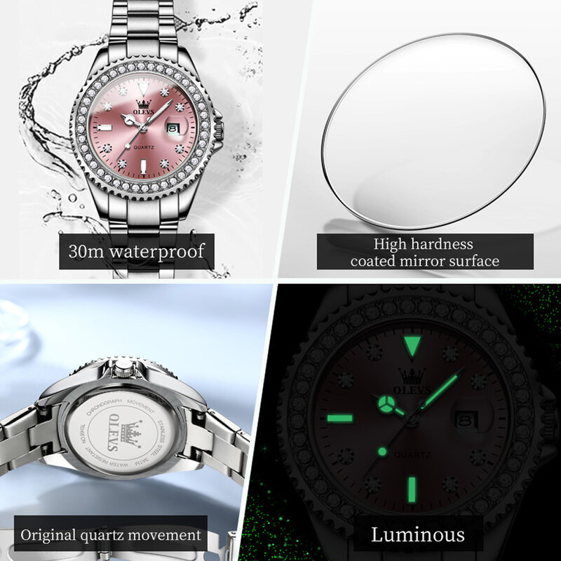 Olevs Luxe Quartz Dameshorloge Zilveren Armband Charmante Strass Wijzerplaat Met Roestvrijstalen Band Lichtgevende Handen Roze Horloges