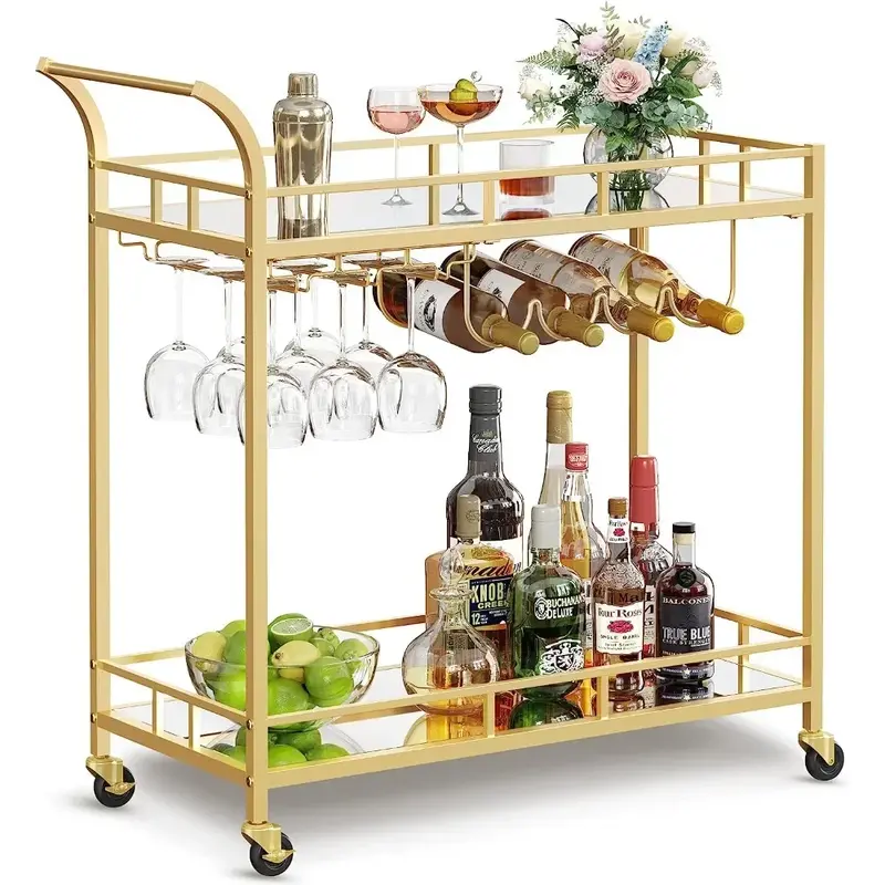 VASAGLE-Chariot de bar en or, chariot de service de bar à domicile, chariot à vin avec 2 étagères en miroir, porte-bouteilles, porte-verres, corde RC090A03