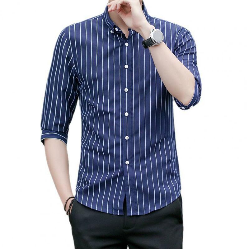 Camisa coreana listrada masculina, slim fit, peito único, manga 3/4, casual, viajante, top masculino, moda clássica, nova, verão, 2023