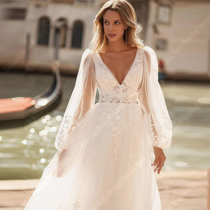 Gaun pernikahan wanita kerah V modis gaun pengantin pertunangan A-Line seksi putri gaun pesta pantai Formal Vestidos De Novias 2024