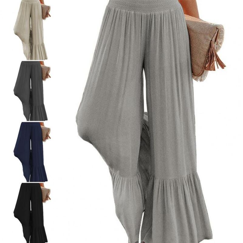 Calças de perna larga lisonjeiras para mulheres, calças drapejadas com punhos plissados cintura alta, primavera