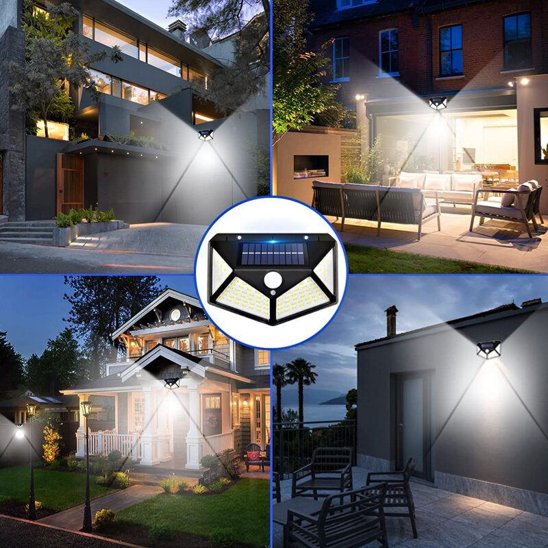 100 LED 태양광 조명, 4 면 야광 벽 램프, 모션 센서 포함, 야외 정원 태양 무선 램프, 방수 벽 조명