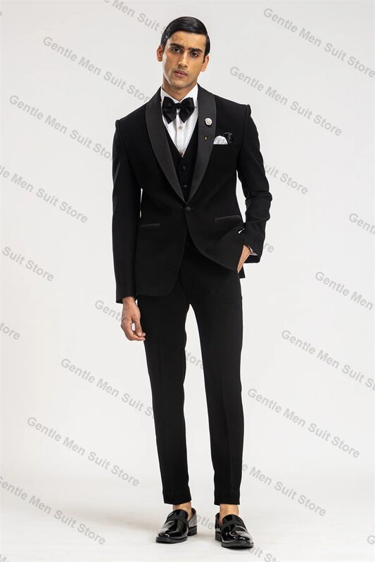 Мужской костюм из трех предметов, блейзер + жилет + брюки, деловой костюм для офиса и выпускного, смокинг для жениха на свадьбу, однобортный пиджак черного цвета
