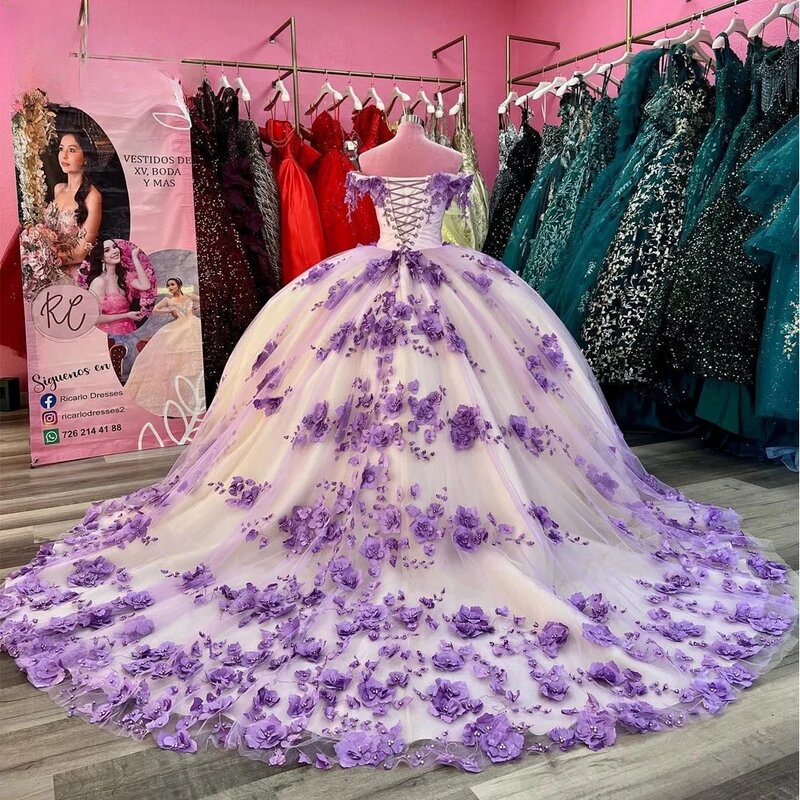 Vestido de baile lilás Charro Quinceanera, Tule fora do ombro, Pérolas florais, 16 vestidos doces mexicanos, 15 anos