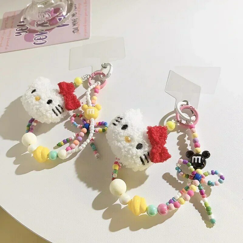 Sanrio Colorful Beaded Keychain Hello Kitty Kawaii Cartoon Plush Phone Strap Wrist Strap Backpack Pendant Decoration Gifts