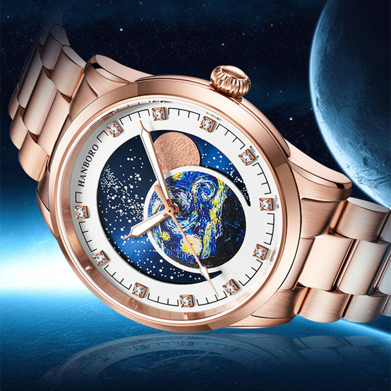 HANBORO 남성용 문페이즈 스틸 시계, 별이 빛나는 기계식 시계, 오토매틱 탑 브랜드 럭셔리 방수 시계