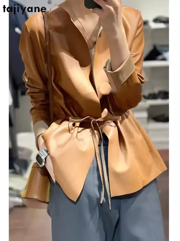 Tajiyane 여성용 진짜 양가죽 코트, 우아한 O넥 가죽 재킷, 2023 진짜 가죽 재킷, 우아한 루즈 겉옷 벨트